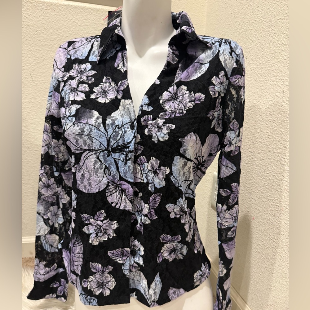 INC International Concepts black floral layered mesh top.‎